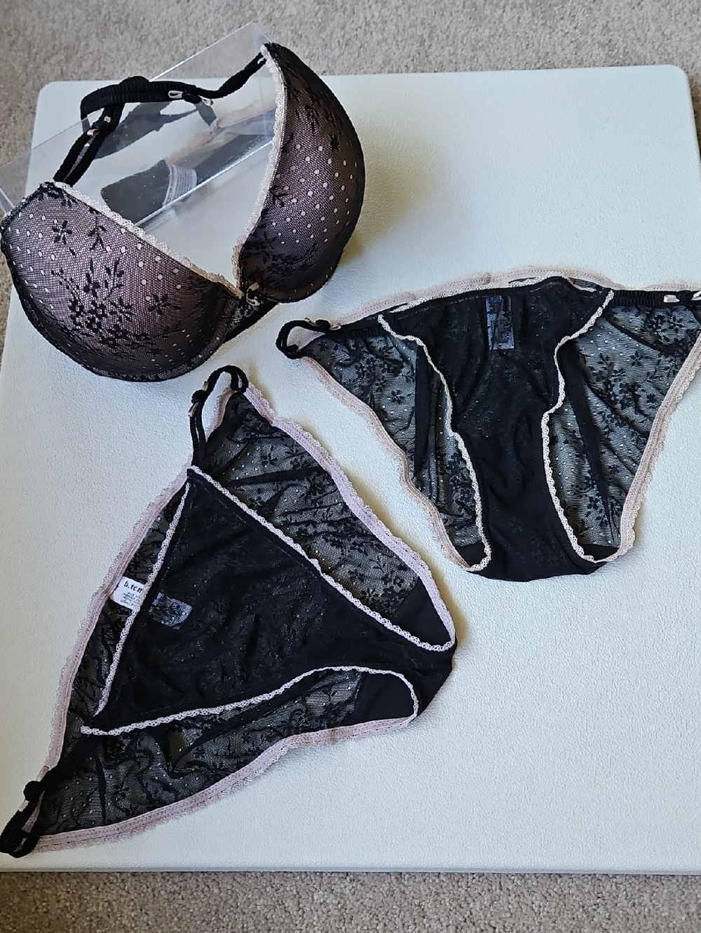 B. TEMPTED Sheer Black Lace Bra & 2 Panty Set with  Trim